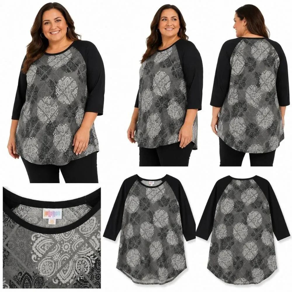 LuLaRoe 3XL Gray Black Paisley Randy Raglan Top
